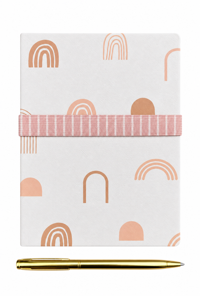 Stylo Dorée + Carnet “Notes” Arc-en-ciel avec élastique rose 17x12 cm