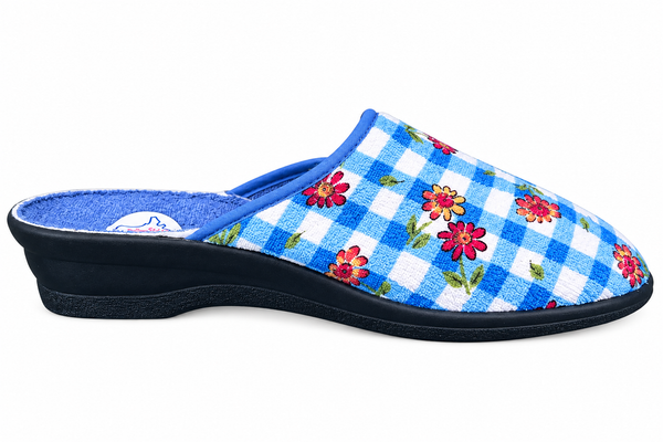 Chaussons à carreaux bleu motif floral pour femmes