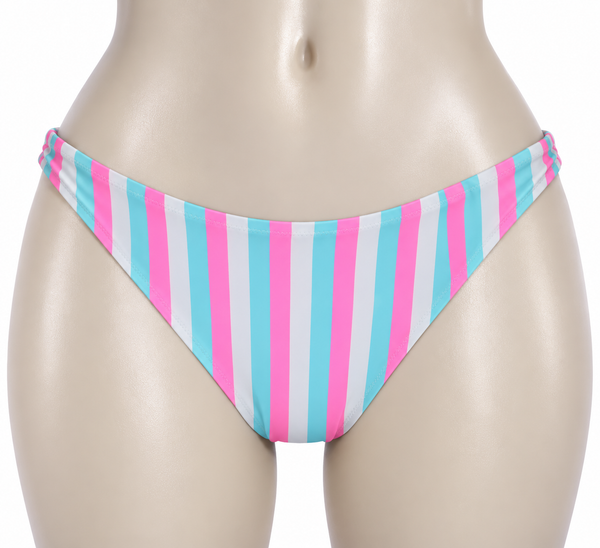 Bas maillot de bain à bandes blanche, bleu ciel et rose fluo coupe brésilienne Ardène Swim