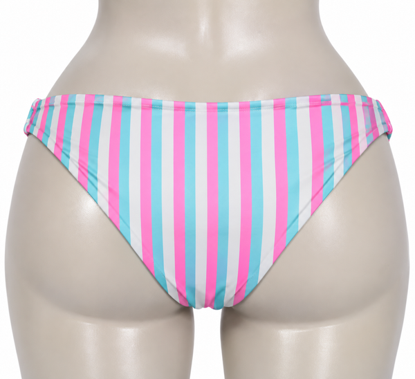 Bas maillot de bain à bandes blanche, bleu ciel et rose fluo coupe brésilienne Ardène Swim