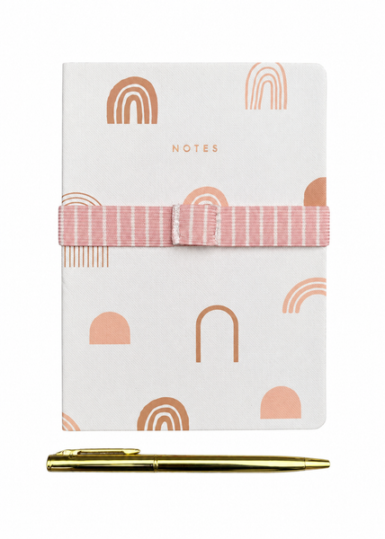 Stylo Dorée + Carnet “Notes” Arc-en-ciel avec élastique rose 17x12 cm