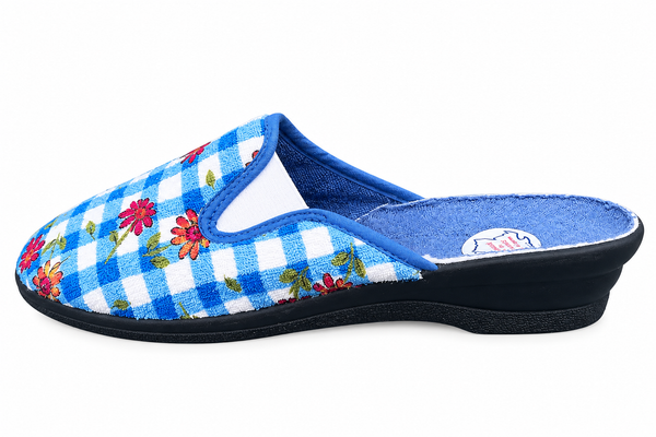 Chaussons à carreaux bleu motif floral pour femmes