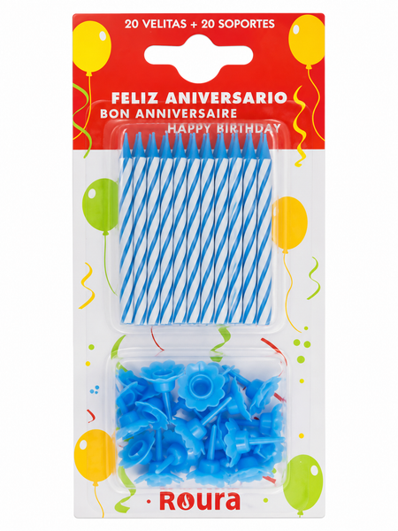 20 Bougies + 20 Support Bougies Gateau Anniversaire Bleu/Blanc Roura
