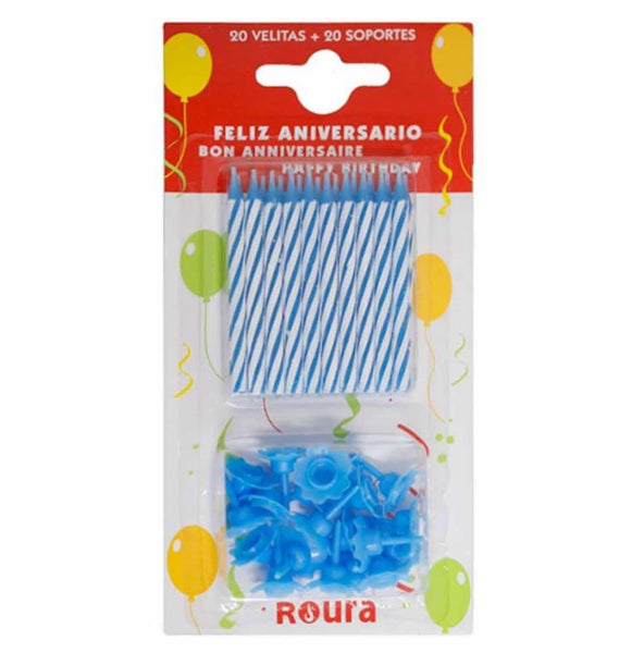 20 Bougies + 20 Support Bougies Gateau Anniversaire Bleu/Blanc Roura