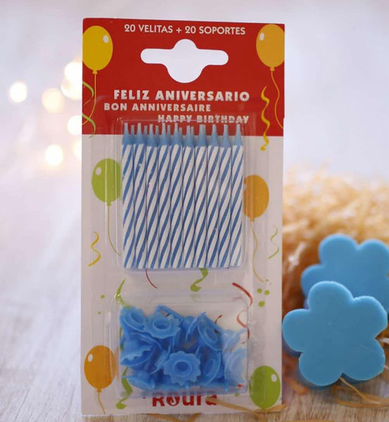 20 Bougies + 20 Support Bougies Gateau Anniversaire Bleu/Blanc Roura