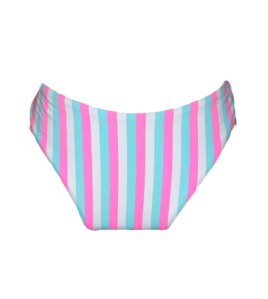 Bas maillot de bain à bandes blanche, bleu ciel et rose fluo coupe brésilienne Ardène Swim