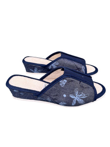 Chaussons compensés motif floral bleu marine