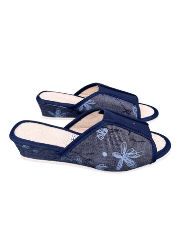 Chaussons compensés motif floral bleu marine
