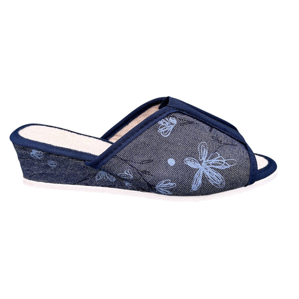 Chaussons compensés motif floral bleu marine