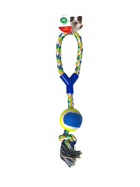 Jouet pour chien JK Animals en corde tressée bleue et blanche + balle de tennis et raccord en plastique 40 cm