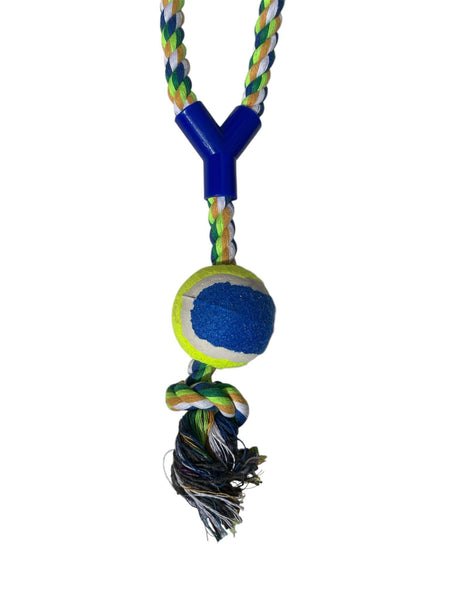 Jouet pour chien JK Animals en corde tressée bleue et blanche + balle de tennis et raccord en plastique 40 cm