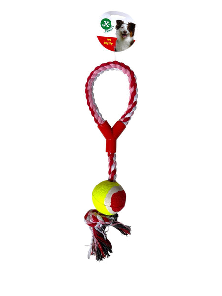 Jouet pour chien JK Animals en corde tressée rouge et blanche + balle de tennis et raccord en plastique 40 cm