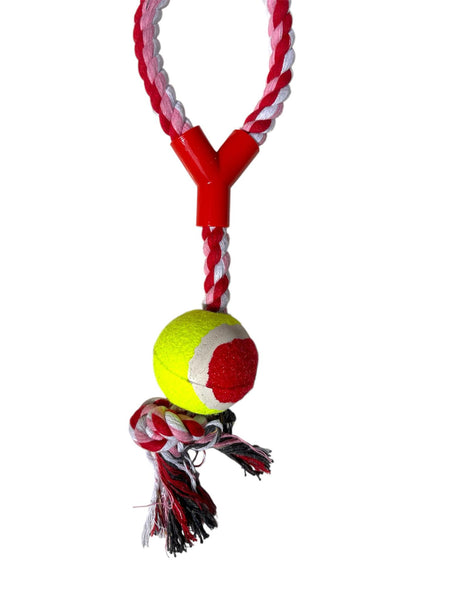Jouet pour chien JK Animals en corde tressée rouge et blanche + balle de tennis et raccord en plastique 40 cm
