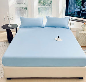 Drap-housse bleu ciel 160×200×25 cm – 57 fils – 100 % coton – 2 personnes