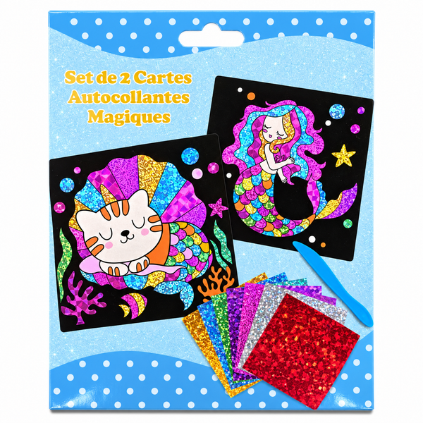 Set de 2 cartes autocollant magique sirène et chat