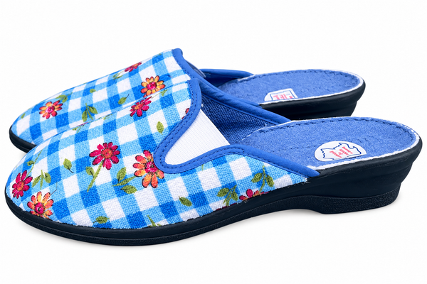 Chaussons à carreaux bleu motif floral pour femmes