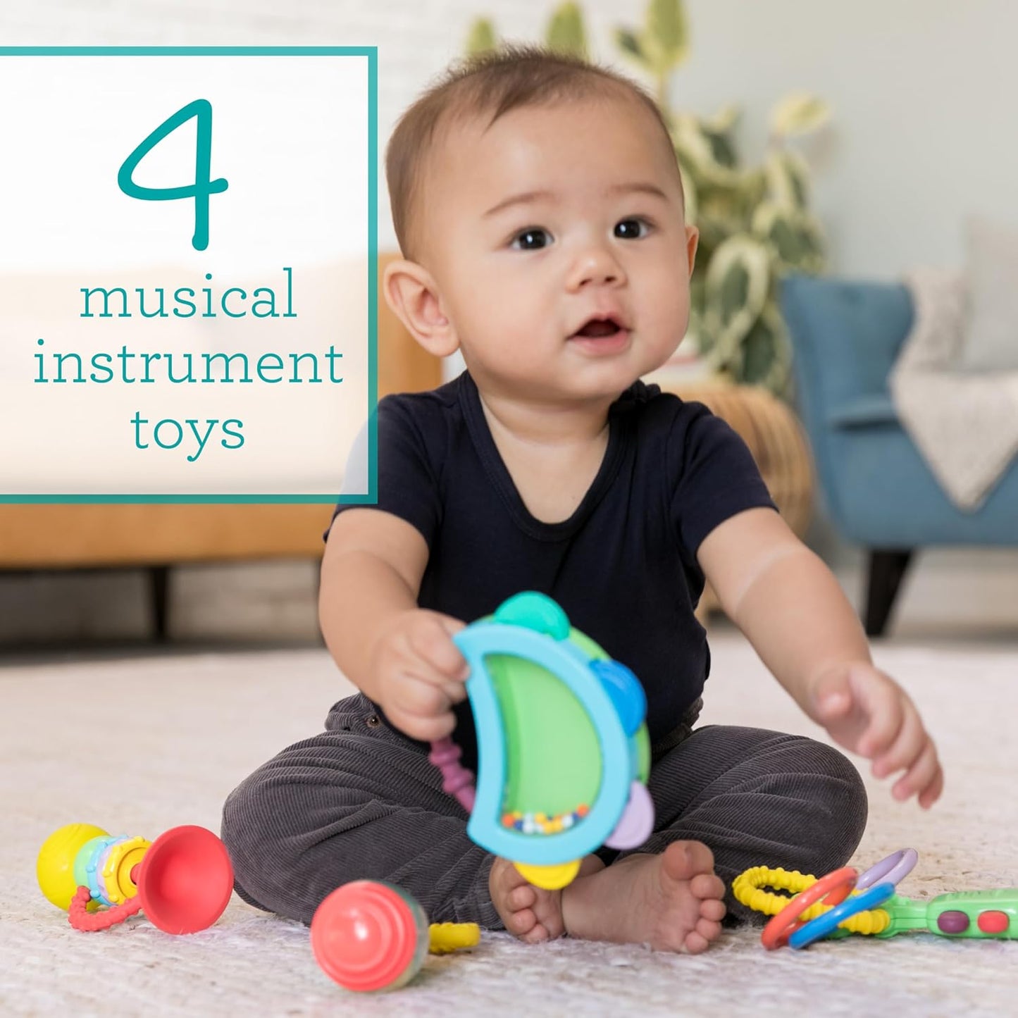 4 anneaux Infantino dentition et hochets sur le thème des instruments de musique