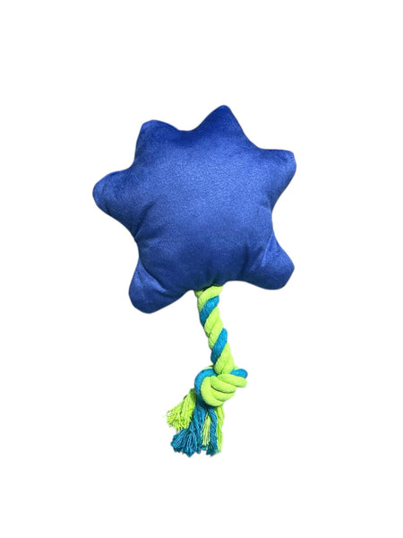 Jouet peluche bleue pour chien avec corde et couineur