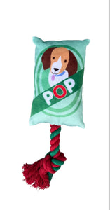 Jouet peluche "pop" vert pour chien avec couineur et corde.