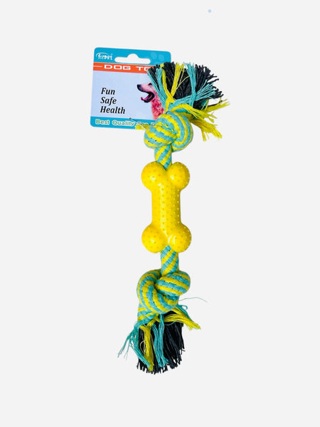 Jouet pour chien Forpet en corde tressée + os en caoutchouc jaune 29 cm