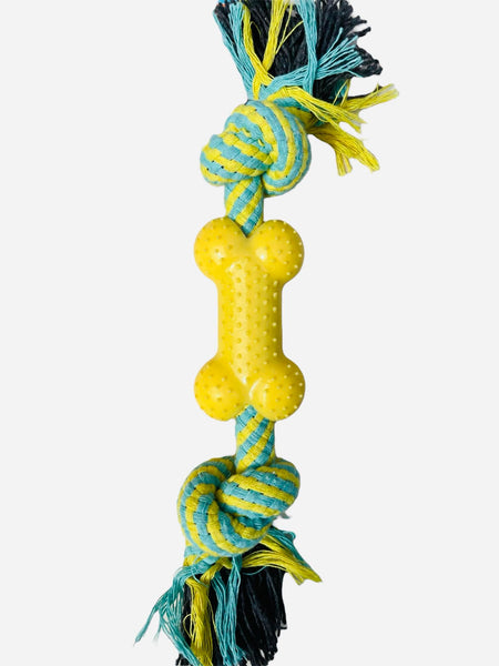 Jouet pour chien Forpet en corde tressée + os en caoutchouc jaune 29 cm