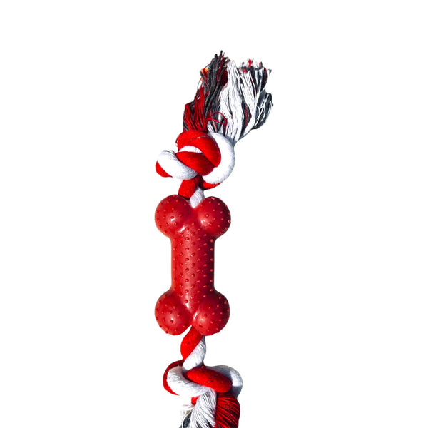 Jouet pour chien Forpet en corde tressée + os en caoutchouc rouge 29 cm