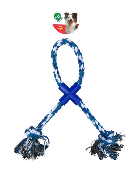 Jouet pour chien JK Animals en corde tressée bleue et blanche + croix en plastique et deux nœuds- 39 cm
