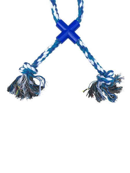 Jouet pour chien JK Animals en corde tressée bleue et blanche + croix en plastique et deux nœuds- 39 cm