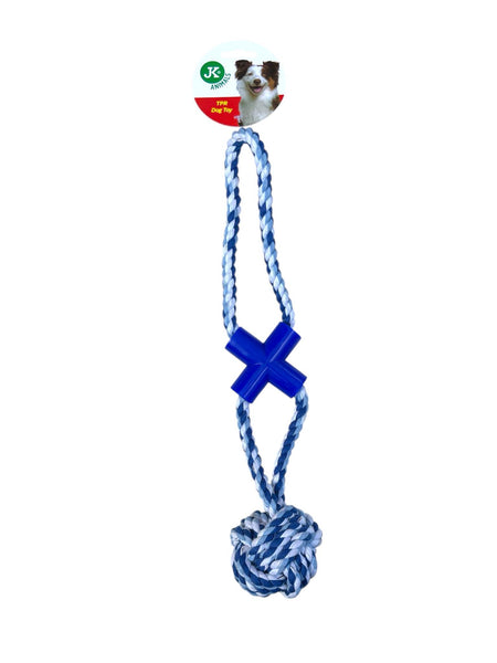 Jouet pour chien en corde tressée bleu et blanche avec nœud boule et croix 41cm