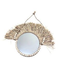 Miroir rond en paille et perles à suspendre - 20 cm