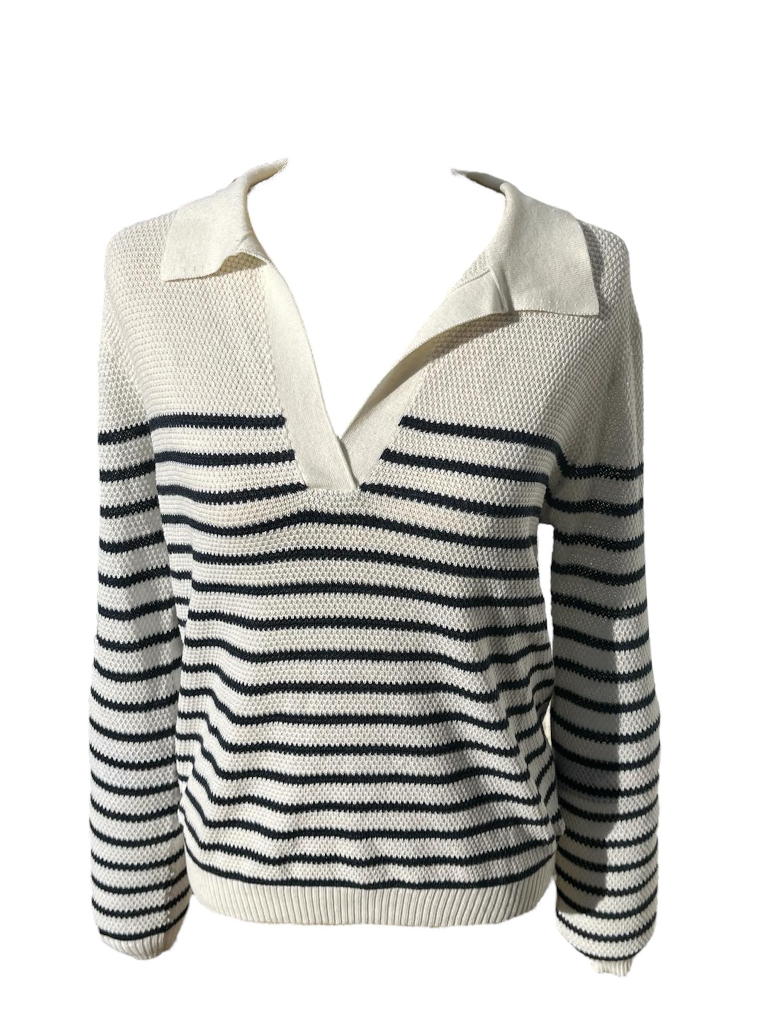 Pull Ycoo Paris col V blanc et bleu marine femme