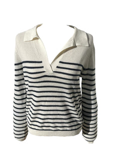 Pull Ycoo Paris col V blanc et bleu marine femme
