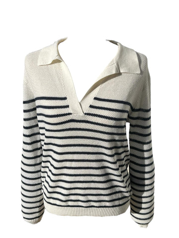 Pull Ycoo Paris col V blanc et bleu marine femme
