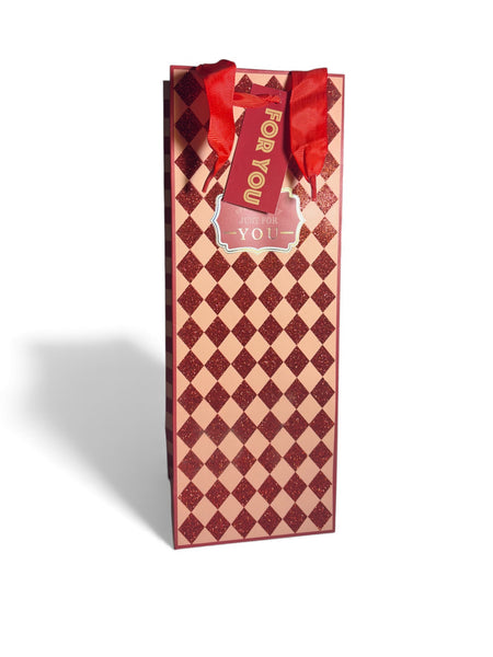 Sac bouteille cadeau beige et rouge à carreaux 12,5 x 34,5 x 10 cm