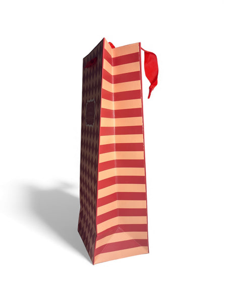 Sac bouteille cadeau beige et rouge à carreaux 12,5 x 34,5 x 10 cm