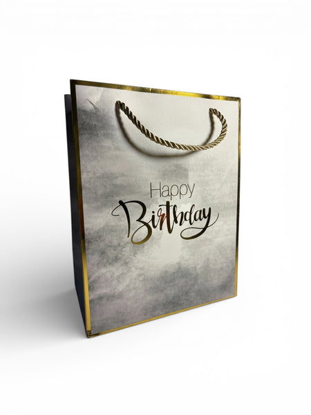 Sac cadeau Anniversaire “Happy Birthday” gris et doré 18 x 23 x 10 cm