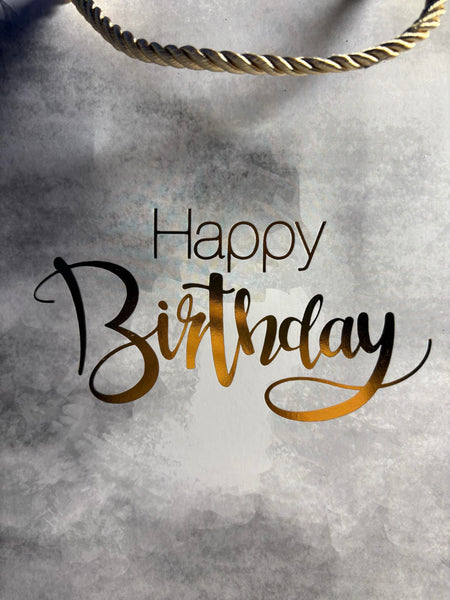 Sac cadeau Anniversaire “Happy Birthday” gris et doré 18 x 23 x 10 cm