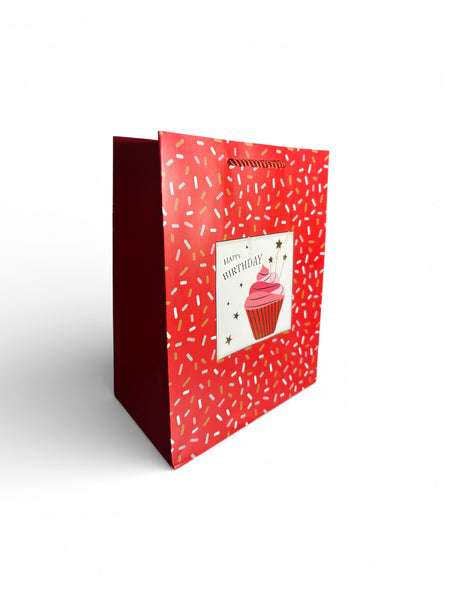 Sac cadeau “Joyeux Anniversaire” motif cupcake rouge 18 x 23 x 10 cm