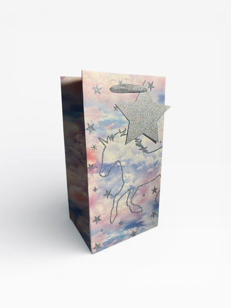Sac cadeau anniversaire Mikirei motif licorne étoiles pailleté 12,5 x 24 x 10 cm