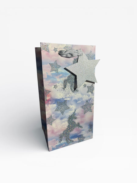 Sac cadeau anniversaire Mikirei motif licornes étoiles pailletées nuages 12,5 x 24 x 10 cm