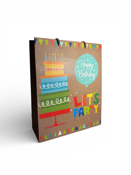 Sac cadeau joyeux anniversaire « faisons la fête » motif gâteau marron 26 x 32 x 10 cm