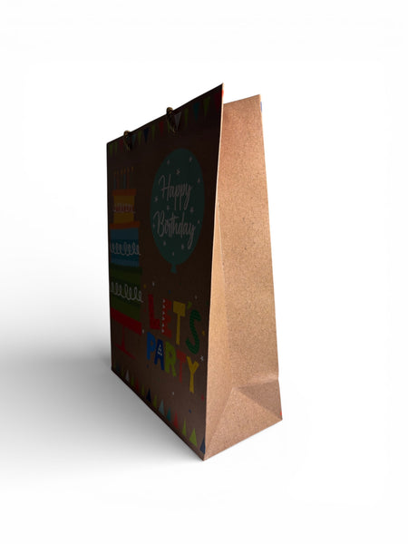 Sac cadeau joyeux anniversaire « faisons la fête » motif gâteau marron 26 x 32 x 10 cm