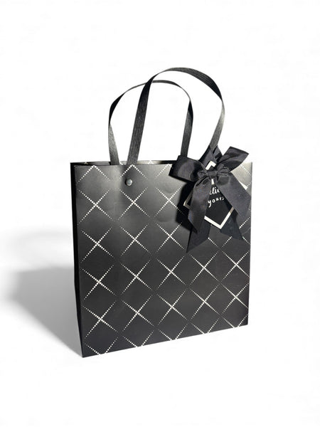 Sac cadeau noir blanc carreaux lanières nœud « Believe in Yourself » 22x22x10 cm