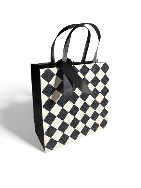 Sac cadeau noir et blanc carreau à lanières 22 x 22 x 10 cm