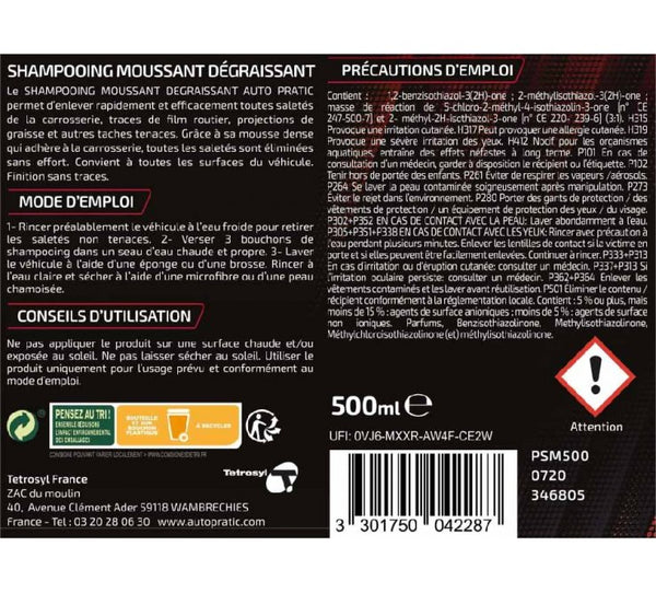 Shampooing voiture mousse dégraissant Auto Pratic- 500ML