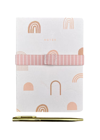 Stylo Dorée + Carnet “Notes” Arc-en-ciel avec élastique rose 17x12 cm