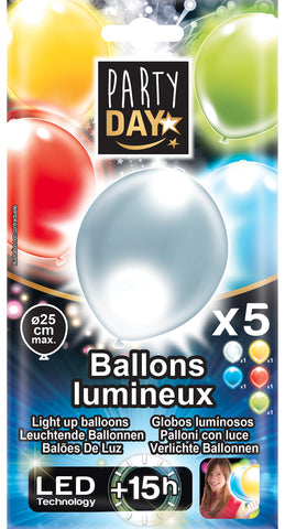X5 ballons LED lumineux Déco Party– 15 h d’autonomie - 25 cm