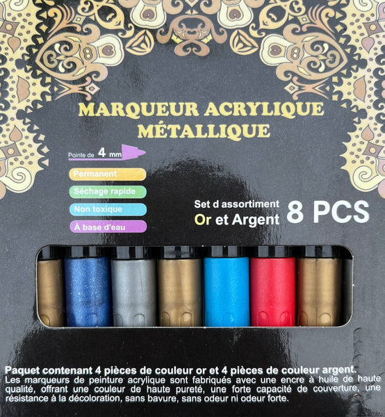 X 8 marqueurs Yuwei acryliques métalliques – Or & Argent – Pointe 4 mm