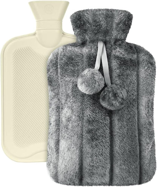 Bouillotte 2L + housse polaire gris avec pompon