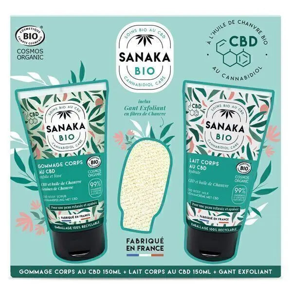 Coffret Sanaka Bio CBD chanvre Gommage 150ml+Lait Corps 150ml + Gants exfoliant